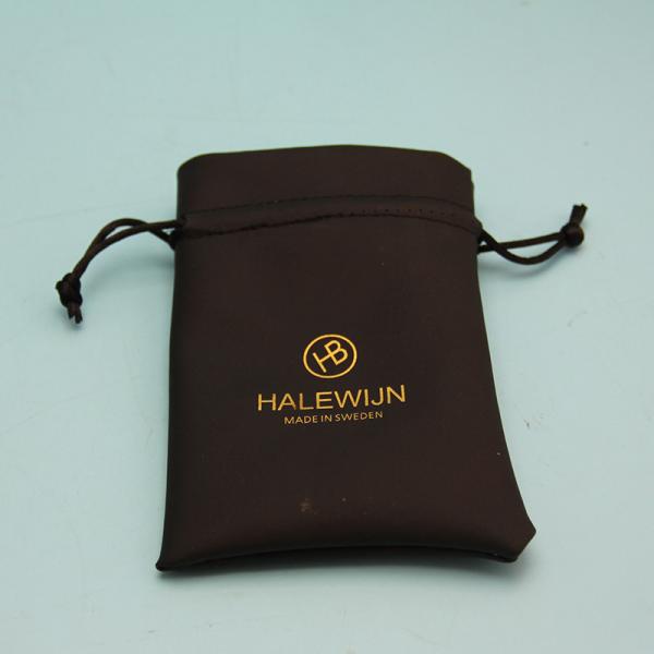Small Size Black Drawstring Jewelry Bag Pu Leather With Custom Printed Logo