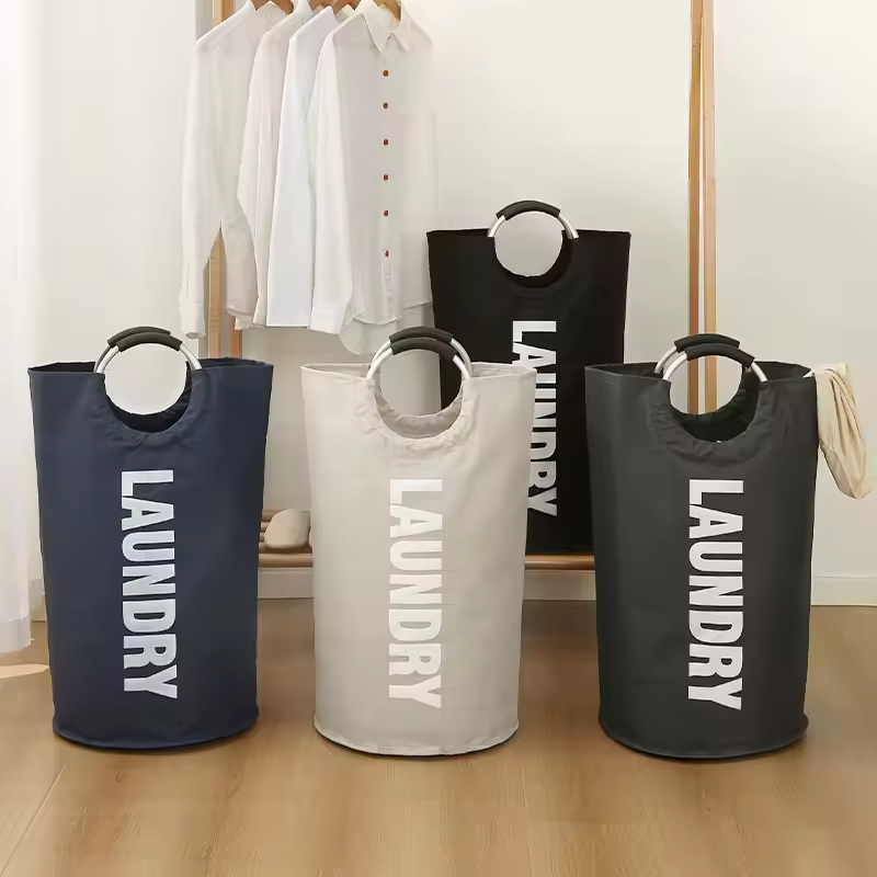 Bedroom Household Foldable Dirty Clothes Basket Large Capacity Oxford Cloth Storage Basket with Aluminum Ring Handle