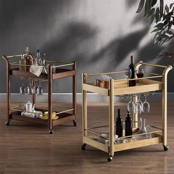 Multi Functional Modern Iron and Wood Trolley Featuring Finest Wooden Cart Wheels Suitable Hotels Bars