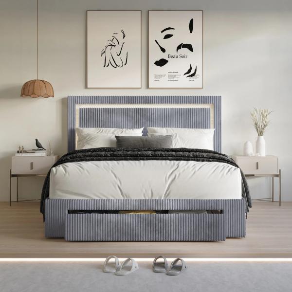Most popular bed comforter set Velvet Tufted LED Light Platform Storage Bed for Bedroom Apartment and Hotel