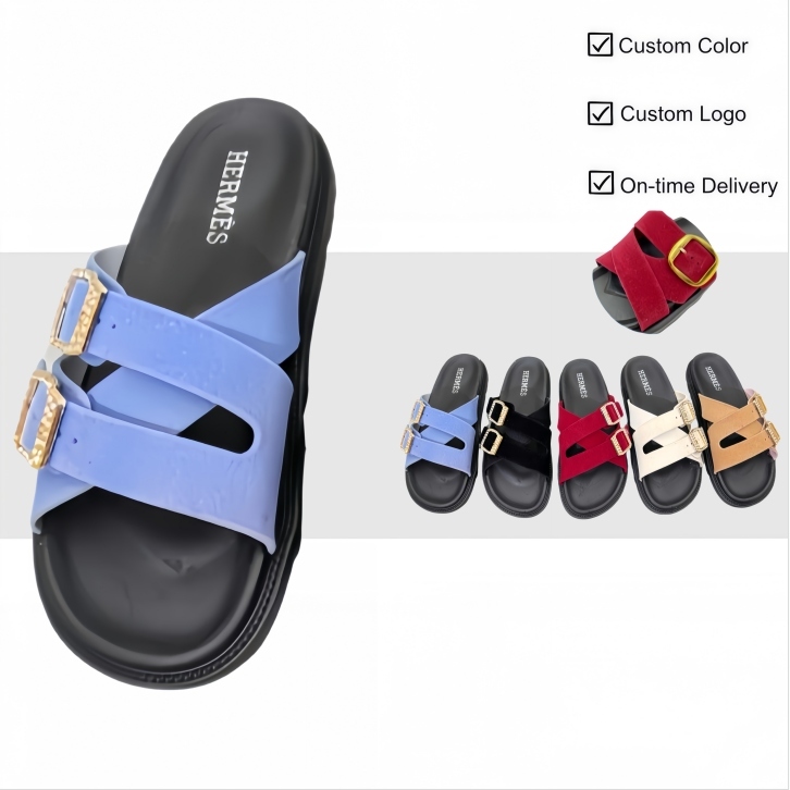 Flocked Cross-Band Slides with Rhinestone Buckles and PVC Sole | Factory Wholesale