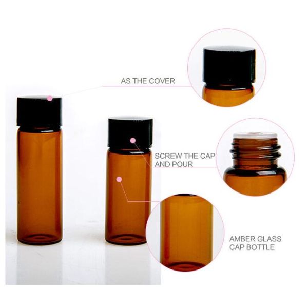 Amber Cosmetic Sample Bottles Glass Makeup Sample Containers Black Cap