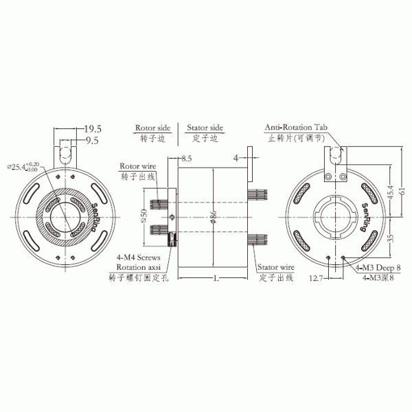 Through Bore Electrical Rotary Union Slip Ring Rotating Connector 25.4mm 10A