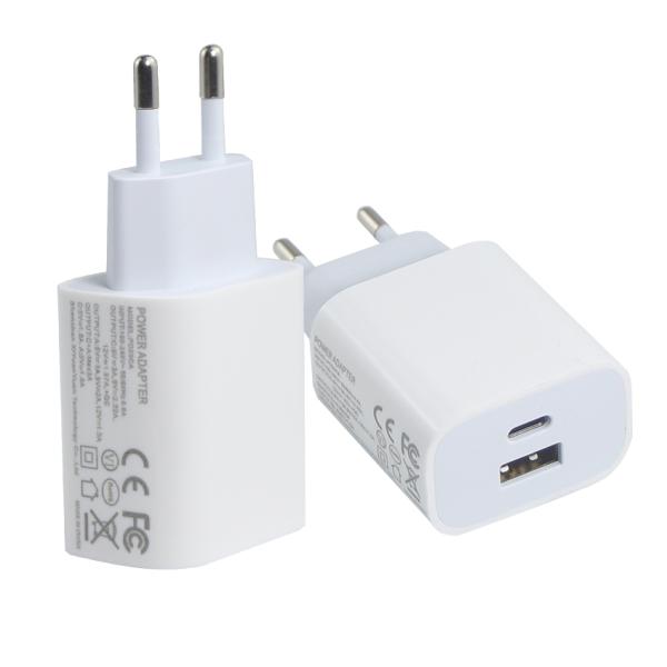 USB-CおよびUSB-Aポート付きEU 2ピン壁充電器、20Wコンパクトデュアルポート電源アダプター、携帯電話とタブレットの充電用