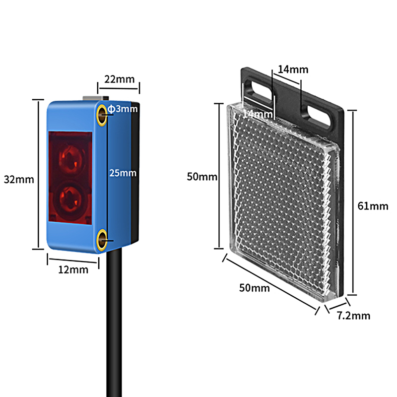 Square Flush Mounting Photoelectric Sensor NPN/PNP Output Diffuse Reflection Counter-Reflective Mirror