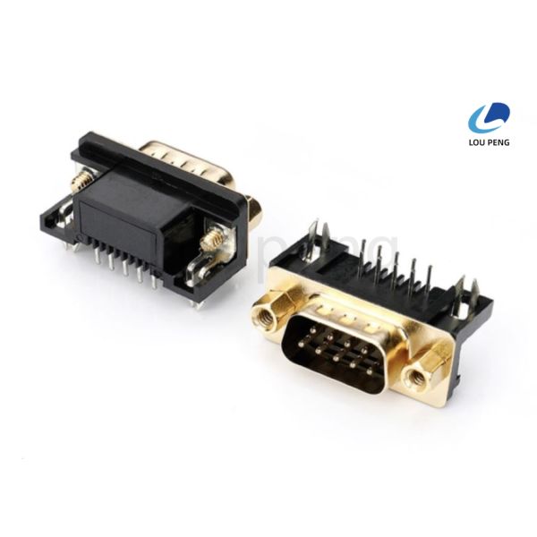 D-SUB Connector 9pin male 8.08, half gold vinyl, gold plated shell, fork lock screws