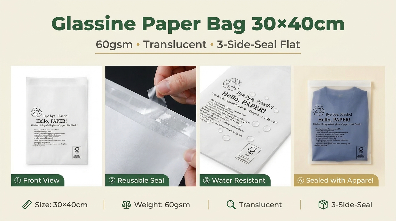 Luxury Zero Plastic Glassine Bag Eco-Conscious Green for Certified Recyclable Apparel Packaging Clothing EU Compliant Garment