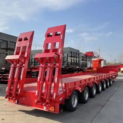 100Ton 40 ̊ Semi-remolque de cama baixa Transportador de contentor de cama plana Excavadora de pescoço de galinha