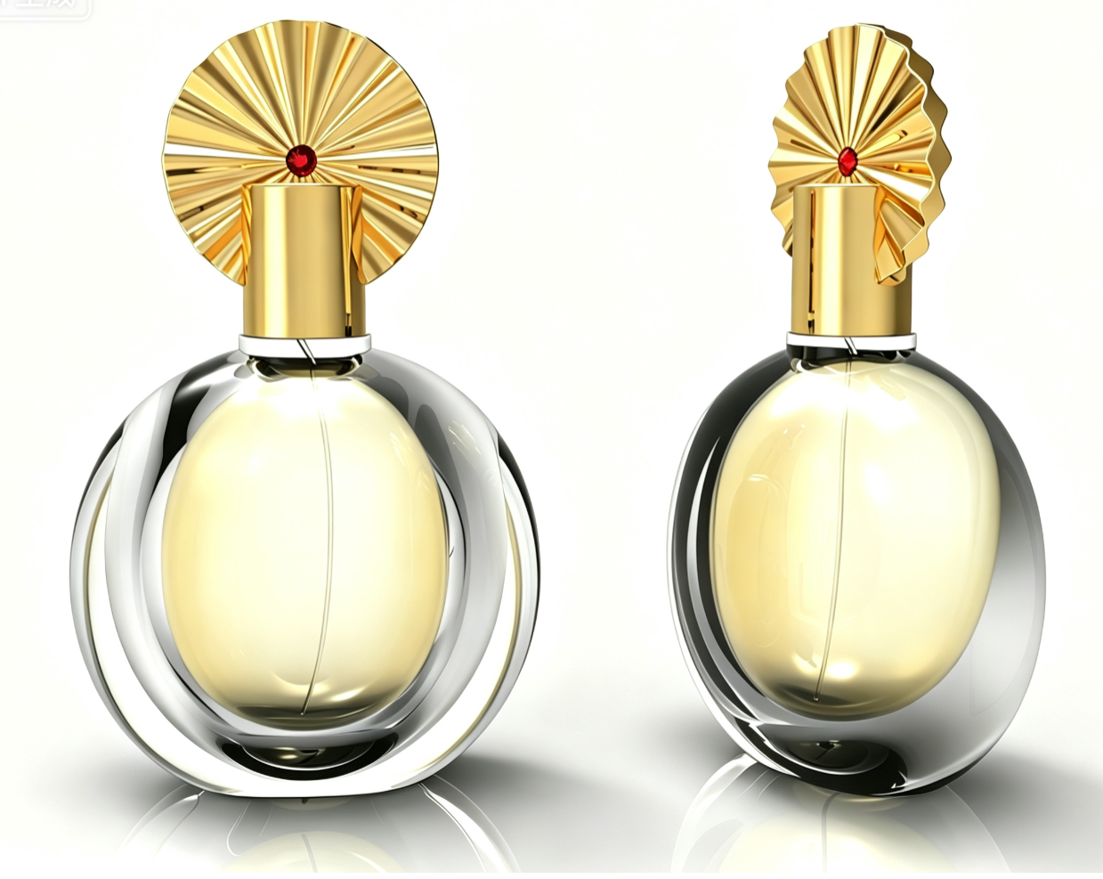 Luxury Fan Shaped Zamac Perfume Cap with Inlaid Red Crystal Gold Plated Fragrance Bottle Lid