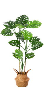 Artificial Bird of Paradise Plants 6 Ft Fake Tropical Palm Tree with Trunks in Pot and Woven Seagrass Belly Basket