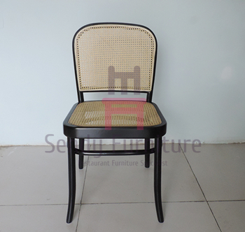 Wood Cane Rattan Dining Chairs With Black Lacquered Birch Wood Frame