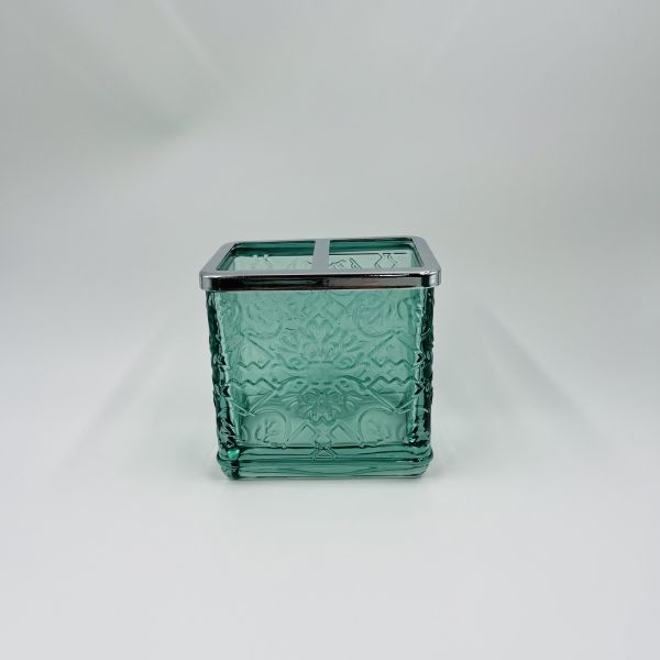 6pcs Glass Bathroom Accessories Set Aqua With Vintage Floral Debossed
