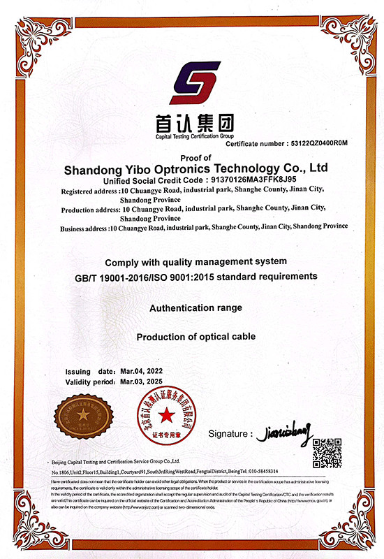 Shandong Yibo Optronics Technology Co., Ltd. Сертификации