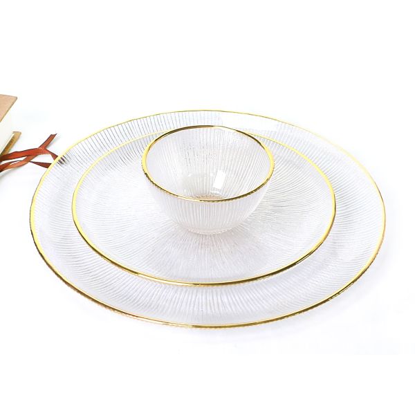 Round Golden Rim 33cm Embossed Crystal Glass Plates Transparent Homemade