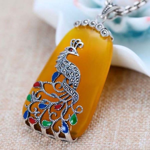 Retro Thailand Sterling Silver Synthesized Yellow Chalcedony Pendant Necklace(052775W)