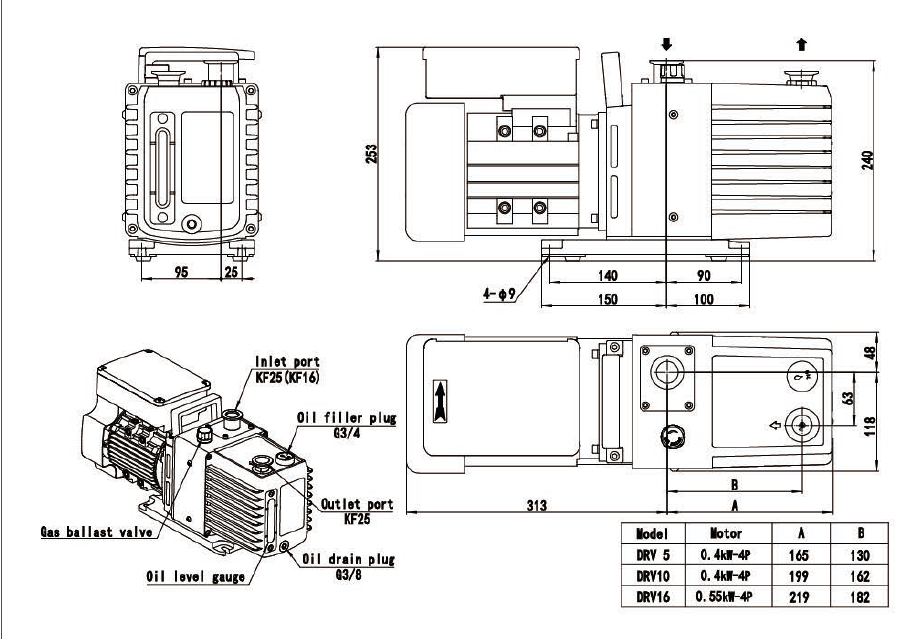 Powder Coating Oil Sealed Rotary Vane Vacuum Pump 16m3/H Speed 0.55KW DRV16