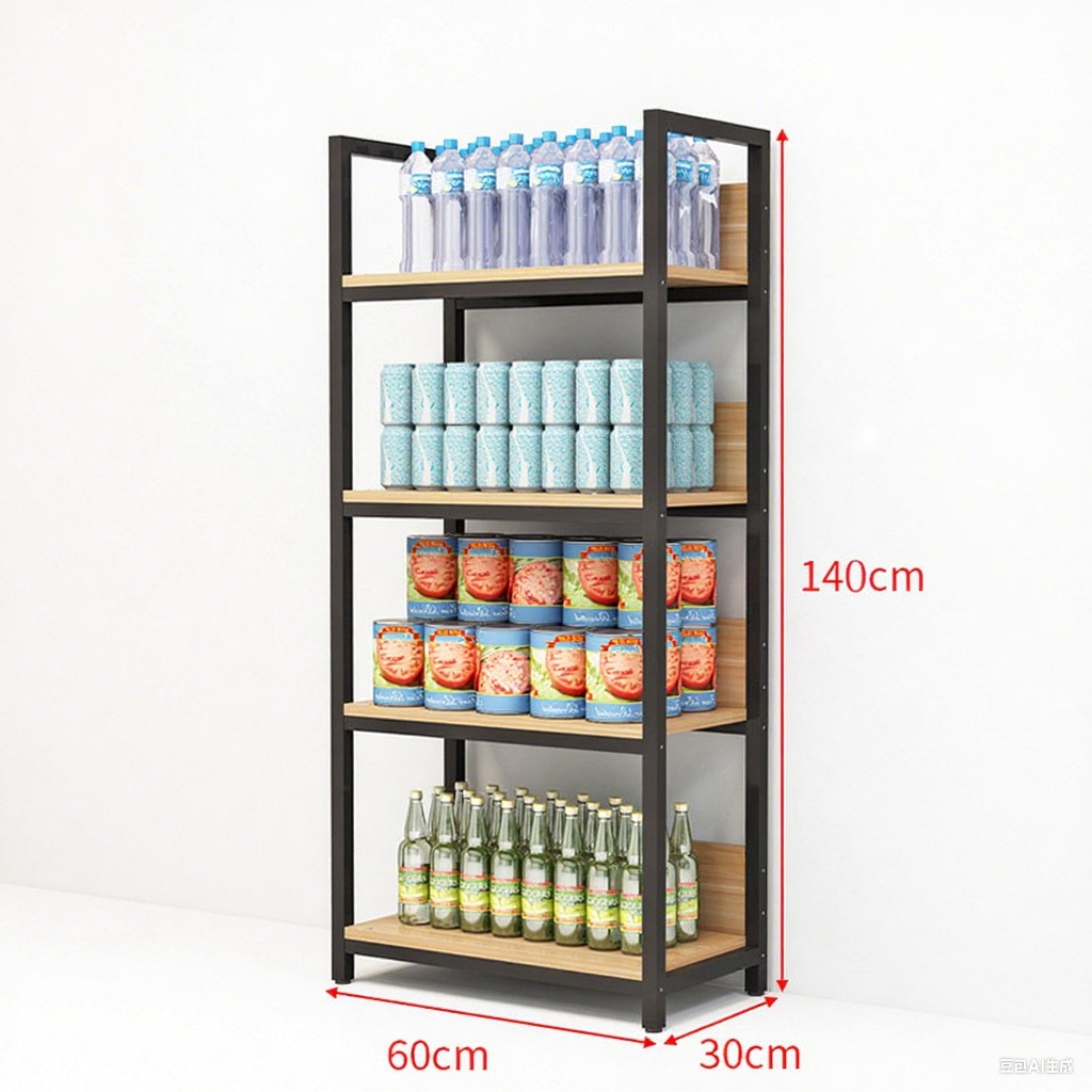 140CM Standing Type Black Aluminum Retail Display Shelves Custom Wood Storage Solutions for Shop Food Storage