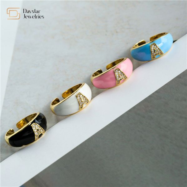 Colorful Enamel Diamond Letter Rings , Alphabet Zircon Gold Plated Chunky Rings