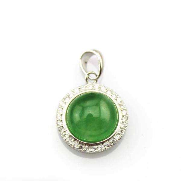 Sterling Silver Bead Chain Necklace Round 11mm Green Jade Cubic Zirconia Pendant  (PSJ025)