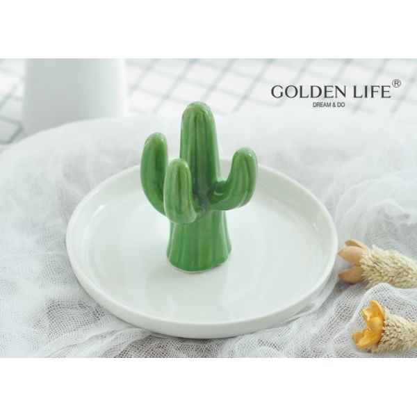 Jewelry Plate Imitated Cactus Jewelry Plate Green Gold Color Ceramic Jewelry Dish