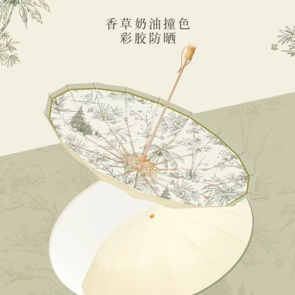 Travel Bamboo Handle Three 3 Folding Manual Custom Umbrella with Logo UV Coating