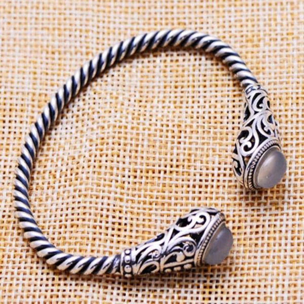 Sterling Silver Cable Bracelet with  Chalcedony Open Adjustable Cuff Bracelet (XH049954WWHITE)