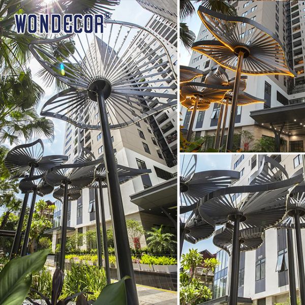 Большая скульптура из нержавеющей стали на открытом воздухе Геометрический павильон в форме листья на площади во дворе