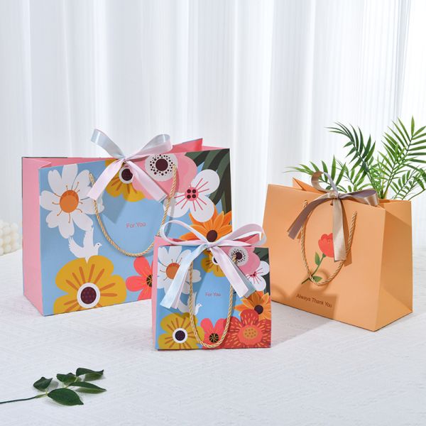 Premium Floral Gift Bag With Gold Twine Handles Chic Bow Vibrant Blue Multicolor Bloom Design