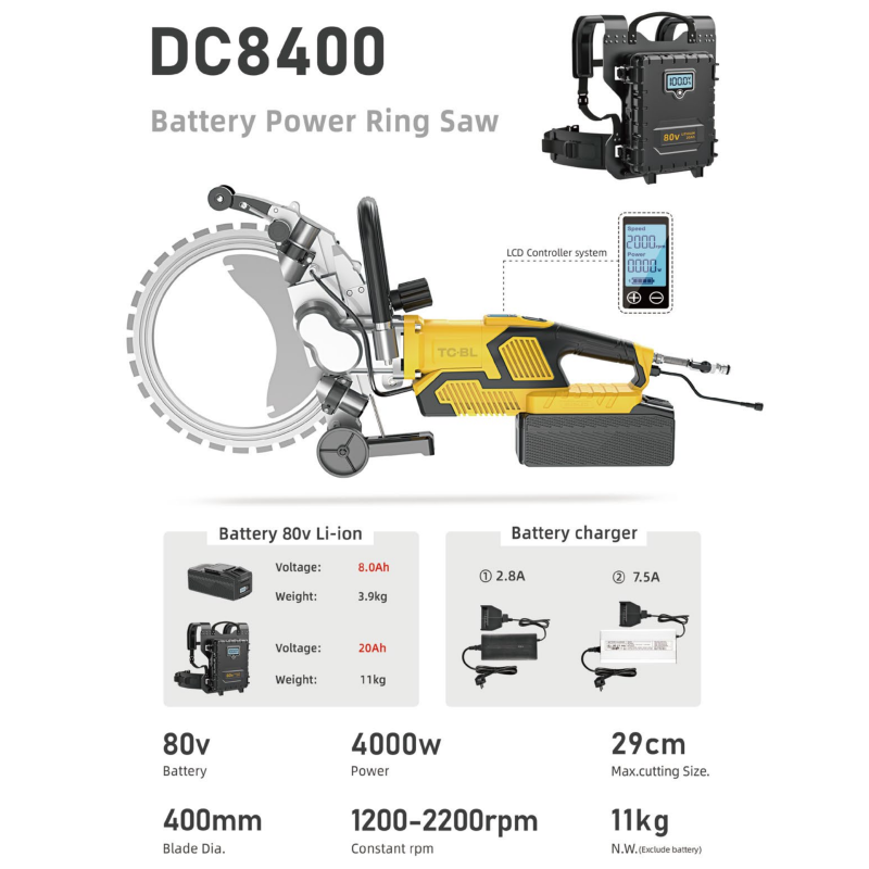 Concrete Wall Cutting Machine DC8400 Ring Saw with 290mm Cutting Depth and Lithium Battery Powered by Electric Power Source