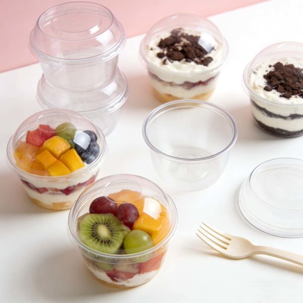 Disposable Custom Logo Dessert Cup PET Plastic Cups with Dome Lids