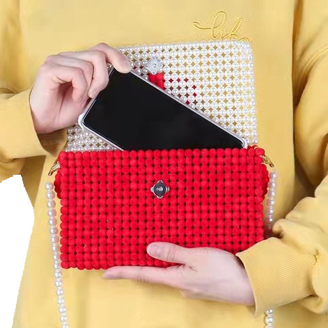 Red Beaded Clutch Pearl Bag Flower Wrist  Hand Woven With White Cap OEM ODM