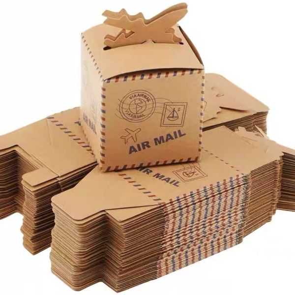 Caja de caramelos para boda, patrón de avión de papel kraft, caja de papel creativa para bodas