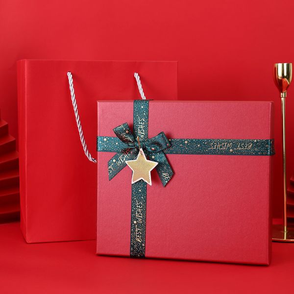 Festive Red Bow Gift Box Set Premium Christmas Wedding Packaging Gold Star Embellishments Green Satin Ribbons