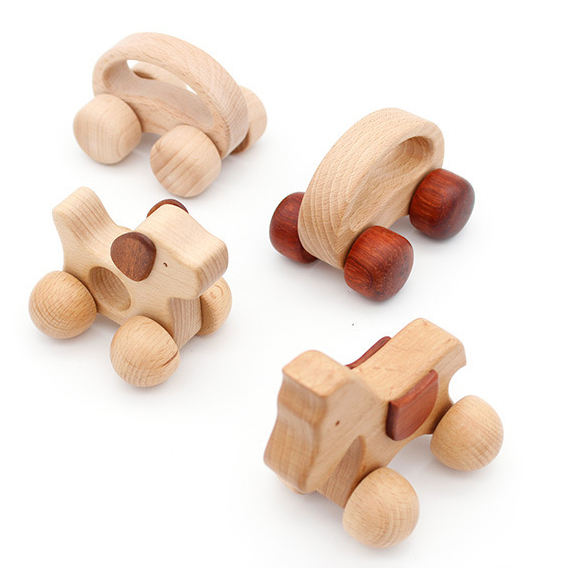 New Born Dog Car Montessori Toy Wooden Rattle Teether Toy For Baby Training