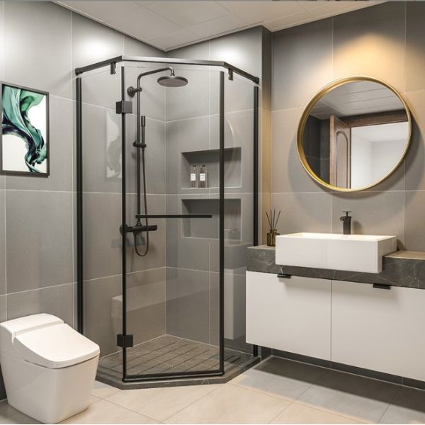 Sleek Bevel Edge Glass Corner Shelf for Bathroom Shower Enclosure Room in Electroplate