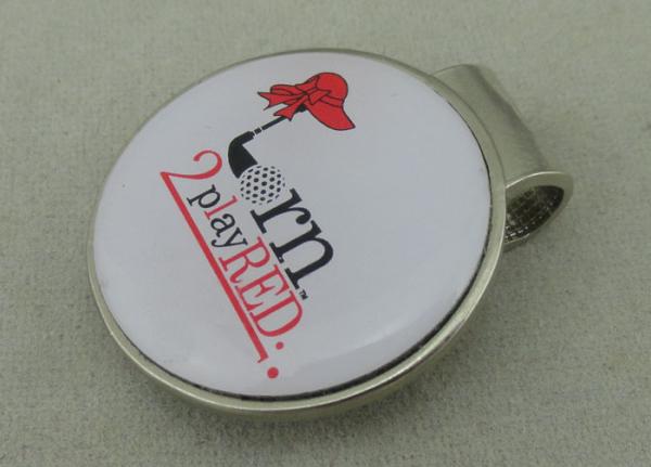 Brass Golf Cap Souvenir Badges , Epoxy And Clip Die Stamped Silver Badge