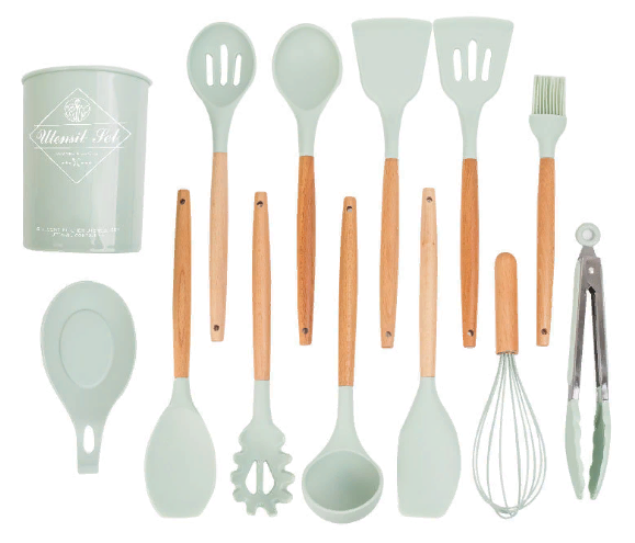 18-Piece Green Silicone Cookware Set with Storage Bucket Non-stick Spatula Included