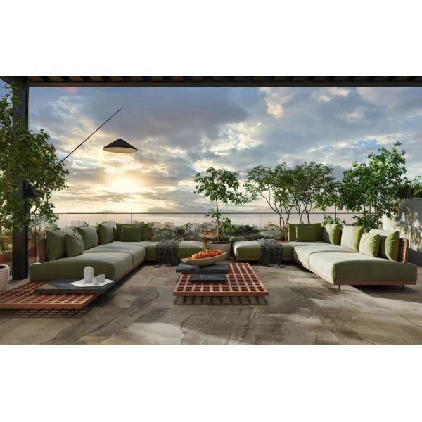 Power Coated Frame Modern Outdoor Rattan Rope Teak Wood Sofa Set for Garden Furniture