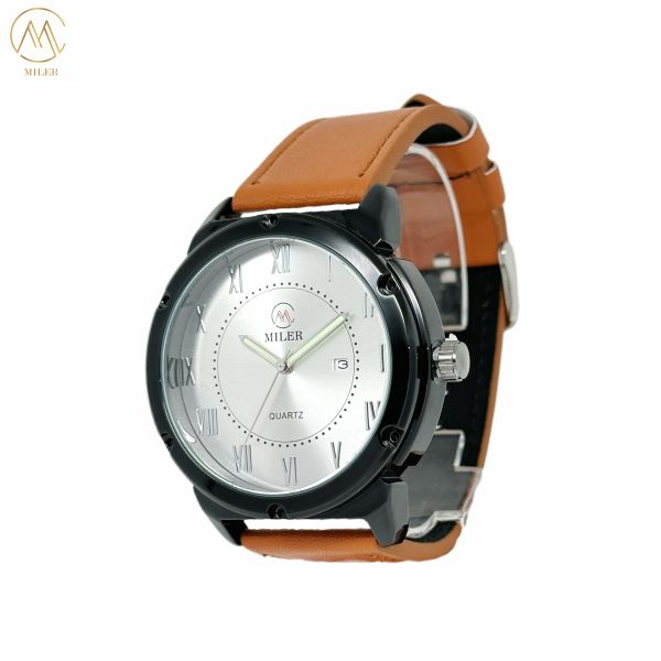 Vente à chaud alliage blanc métal noir quartz montre à mouvement avec sangle en cuir