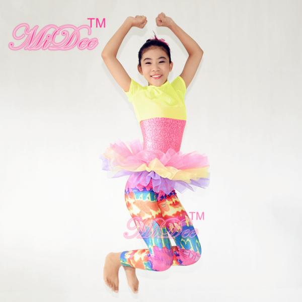 Amiable Dance Competition Costumes Yellow Pink T shirt Skirt Tiers Slender Leotard