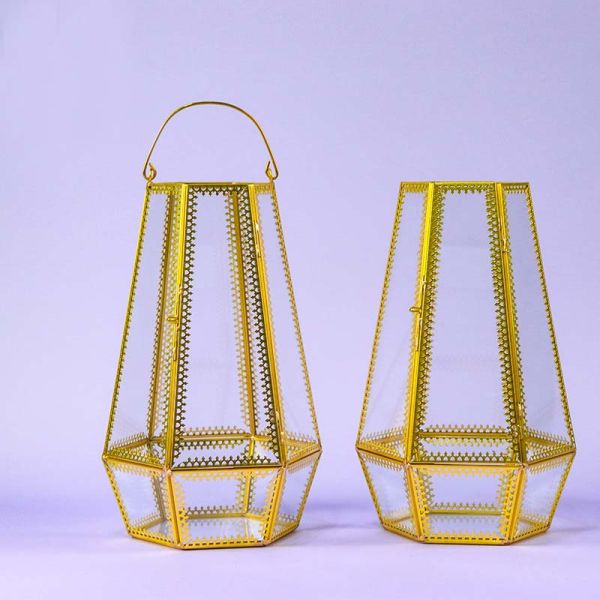 Hexagon portable glass wind lamp handle Europe decoration creative home glass greenhouse glass craft wind lamp