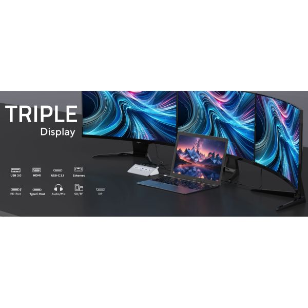 Triple Display USB C Docking Station Dual HDMI One Display Port 4K 60Hz Video Splitter
