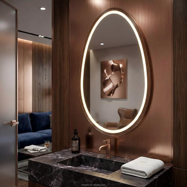 Kingstin LED Smart Bathroom Mirror Water Drop Oval Makeup Mirror Aluminum Frame Touch Anti-Fog Wall Mirror