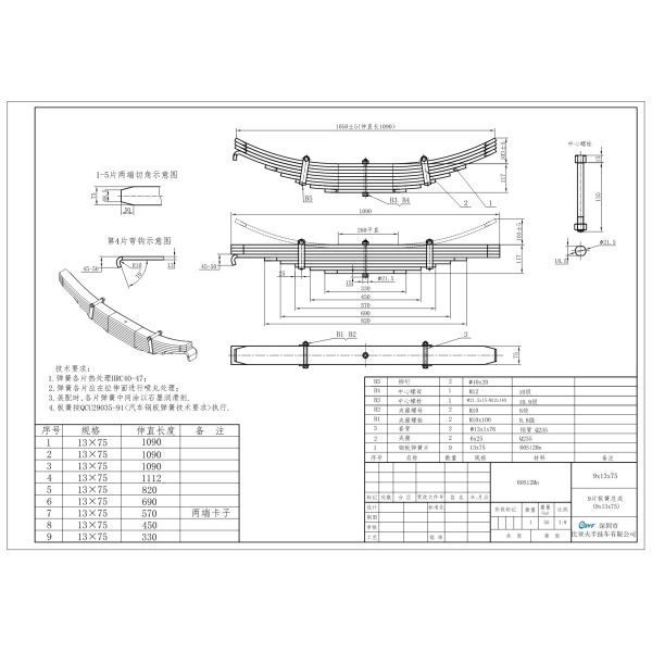 E Coating Surface 60Si2Mn SUP9 Trailer Leaf Spring 75×13-9