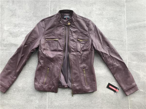Burgundy Pu Leather Coat / Biker Jacket With Triple Stitching Tw77492