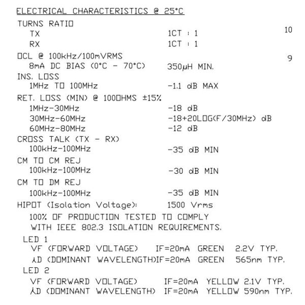0875-1D1T-P2 Single Port Rj45 Integrated Connector 10/100 Base-T Yellow/Green led