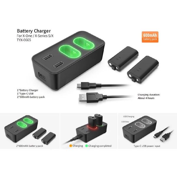 550mA*2 XBOX Gaming Accessories Battery Charger With 2 Battery Packs 600mAh