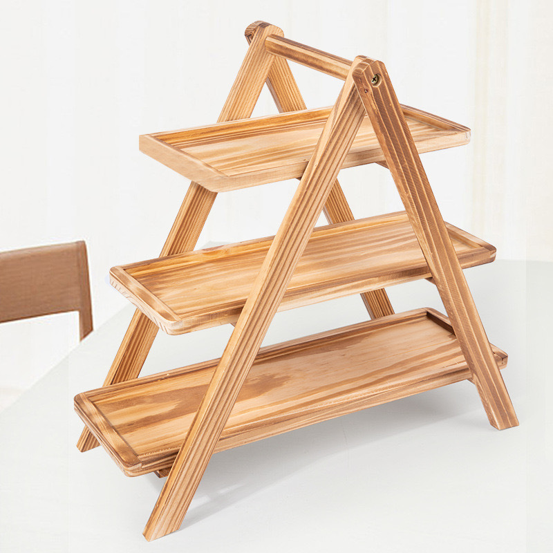 Solid Wood Three-layer Rectangular Tray Shelving Wooden Detachable Fruit Cake Dessert Tray