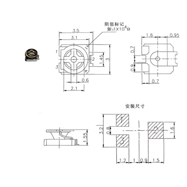 C3305 3x3mm Glass Glaze Patch SMD Trimmer Potentiometer with 100Ω~1MΩ Adjustable Resistor