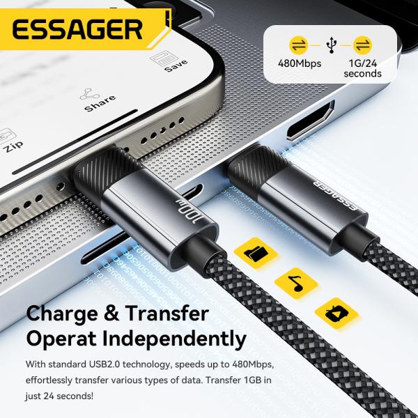 ESSAGER ES-X72 2 in 1 Massage Charging Usb C Cable 5A PD 100W Charger Type C to Type C Data Cable with Massage